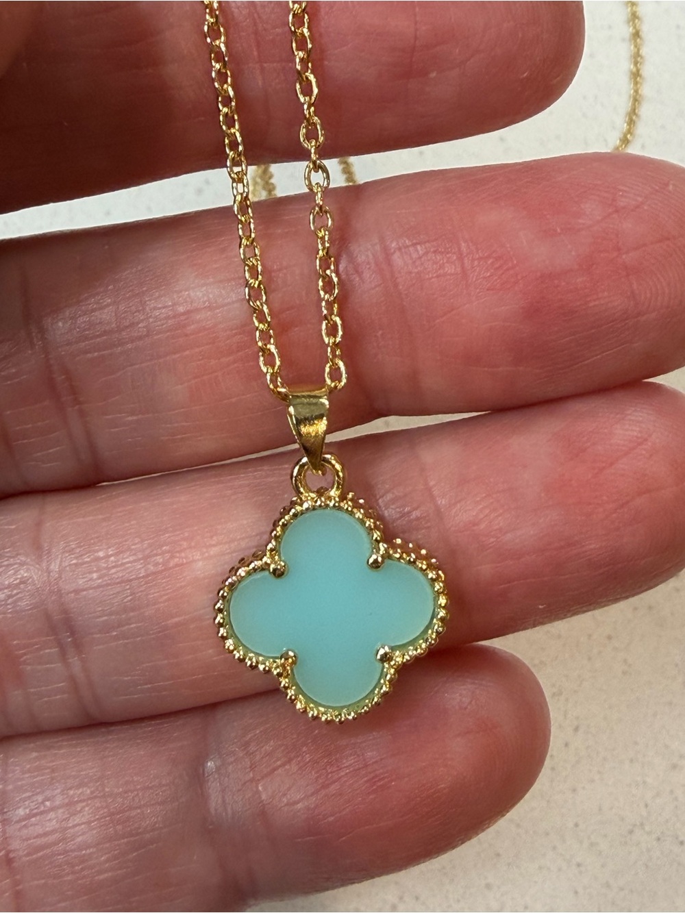 Jewelar Tiffany Blue Clover with Delicate Gold-Plated Chain 19 1/2” Necklace